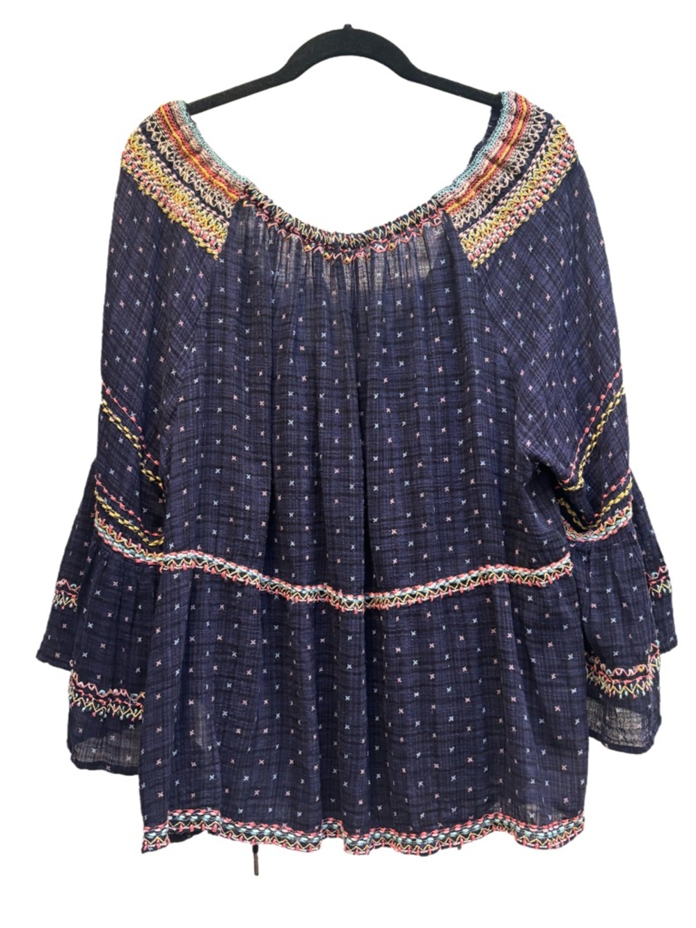 Free People “Talia” Embroidered Top in Navy/Multicolor, Boho Peasant Bell Sleeve - Picture 5 of 14